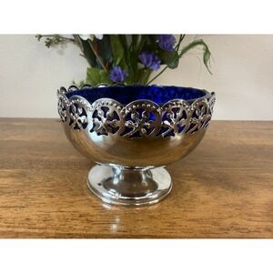Vintage Cobalt Blue Glass Pedestal Bowl Silver Plate Celtic Pierced Edge England